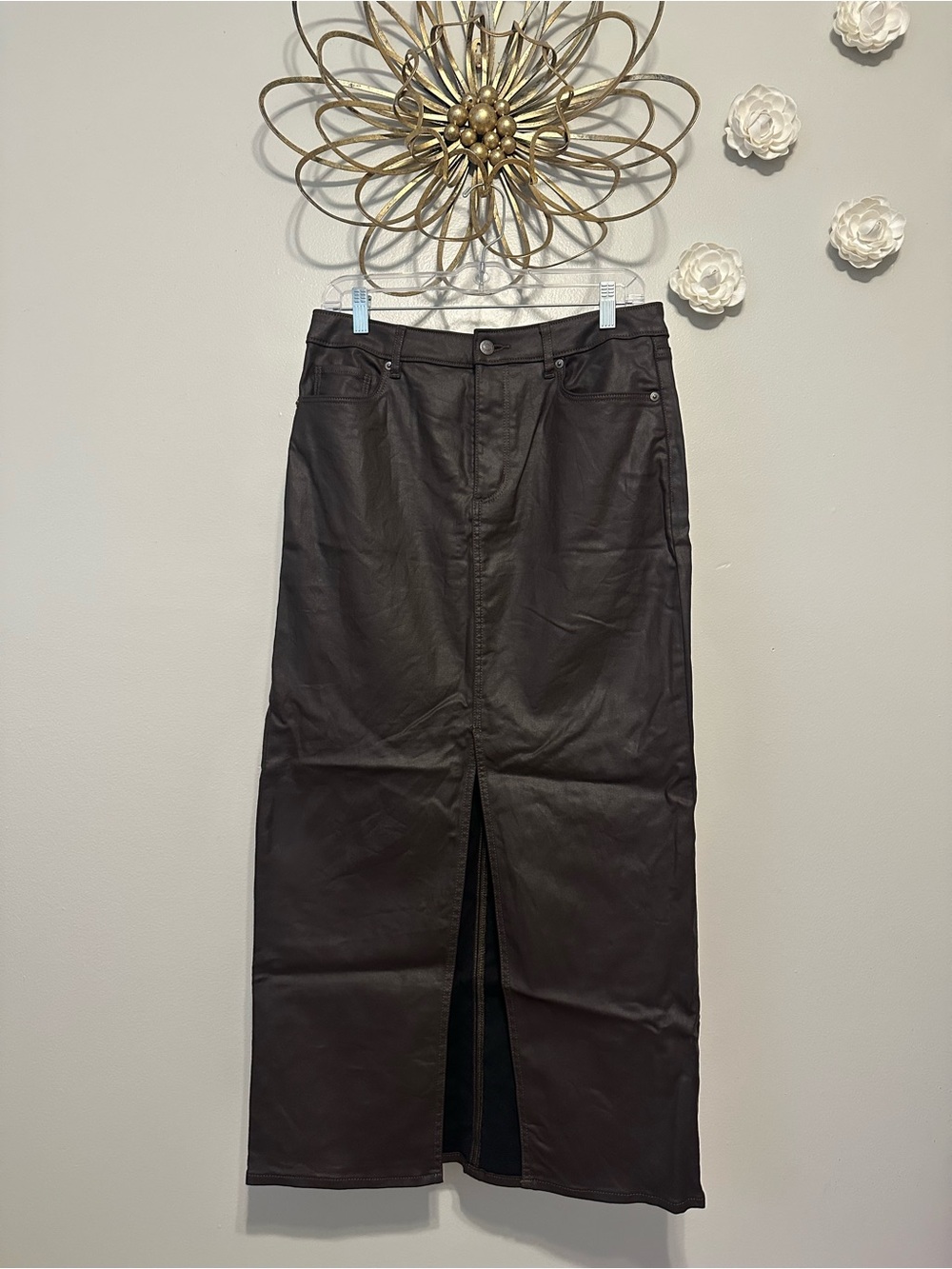 Loft Womens Dark Brown Faux Leather Maxi Skirt with Front Slit